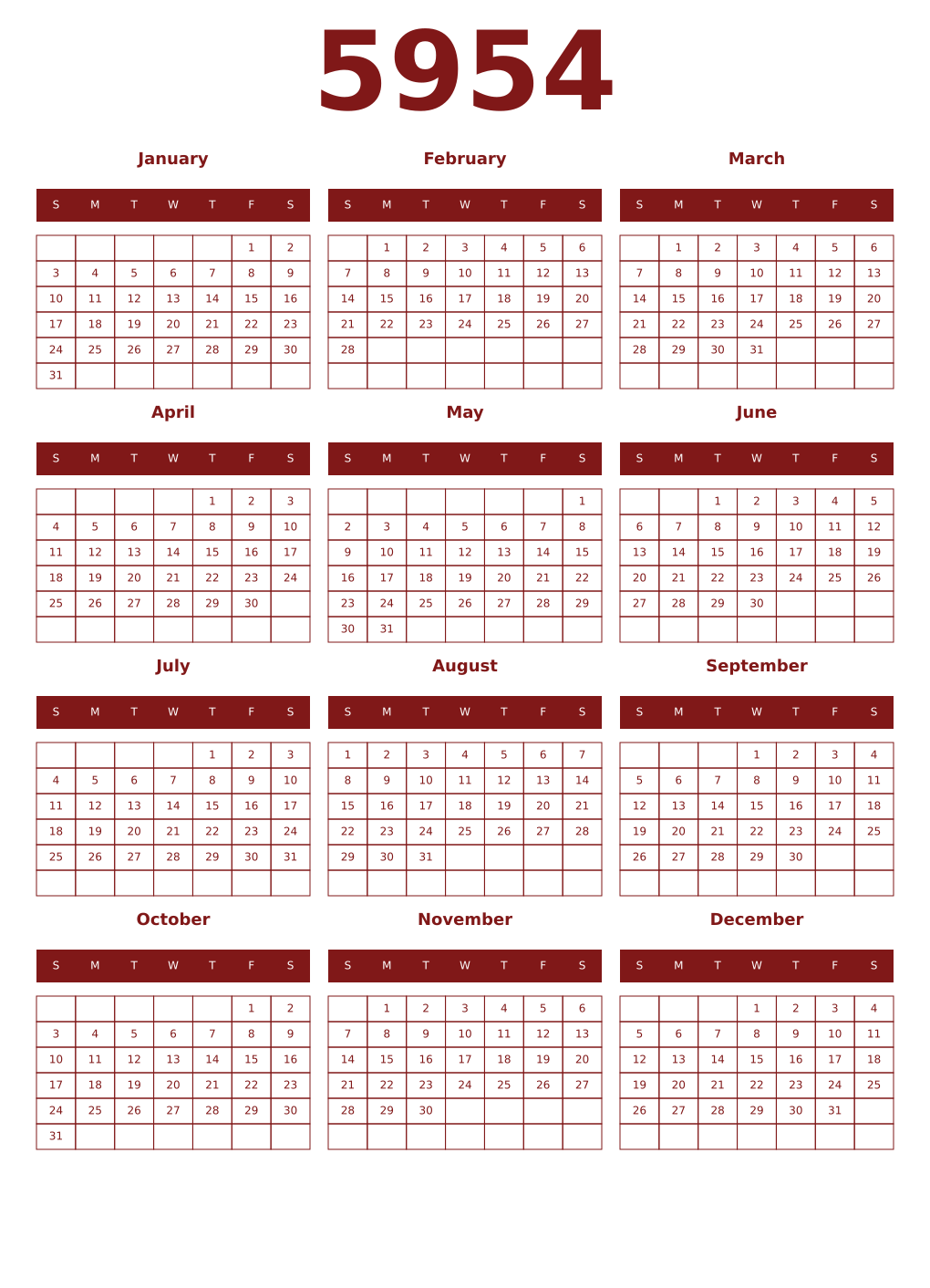 Printable 5954 Year Calendars falu
