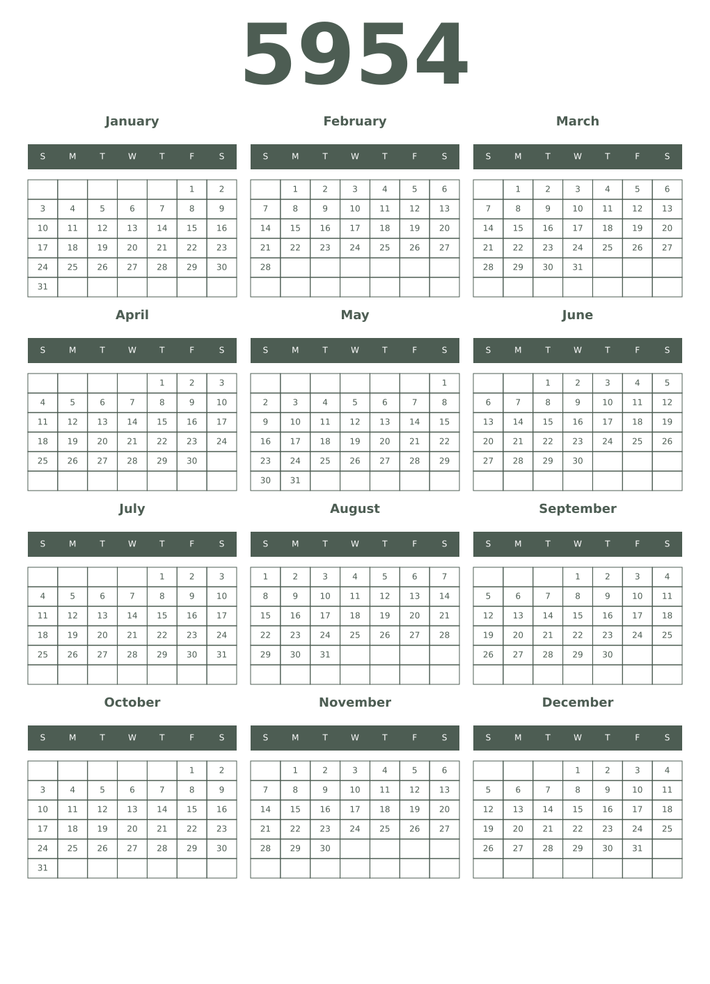 Printable 5954 Year Calendars feldgrau