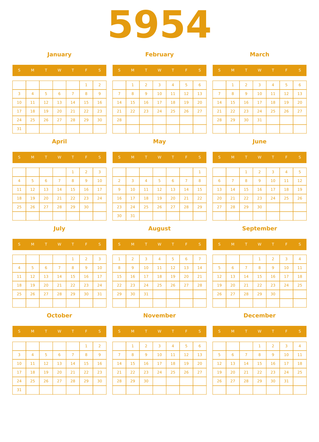Printable 5954 Year Calendars gamboge