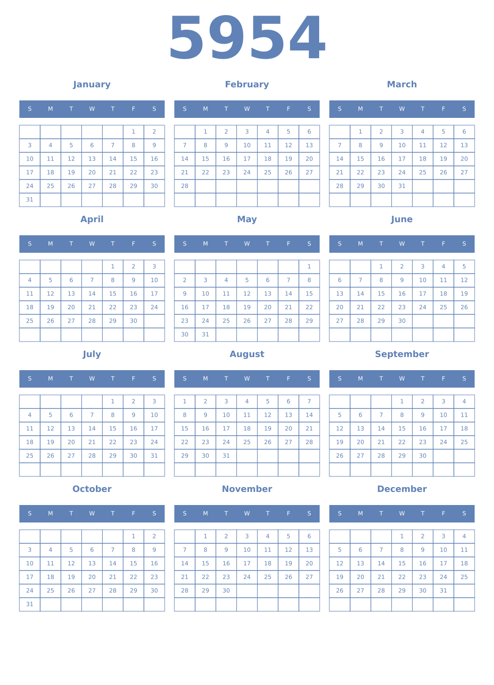 Printable 5954 Year Calendars glaucous