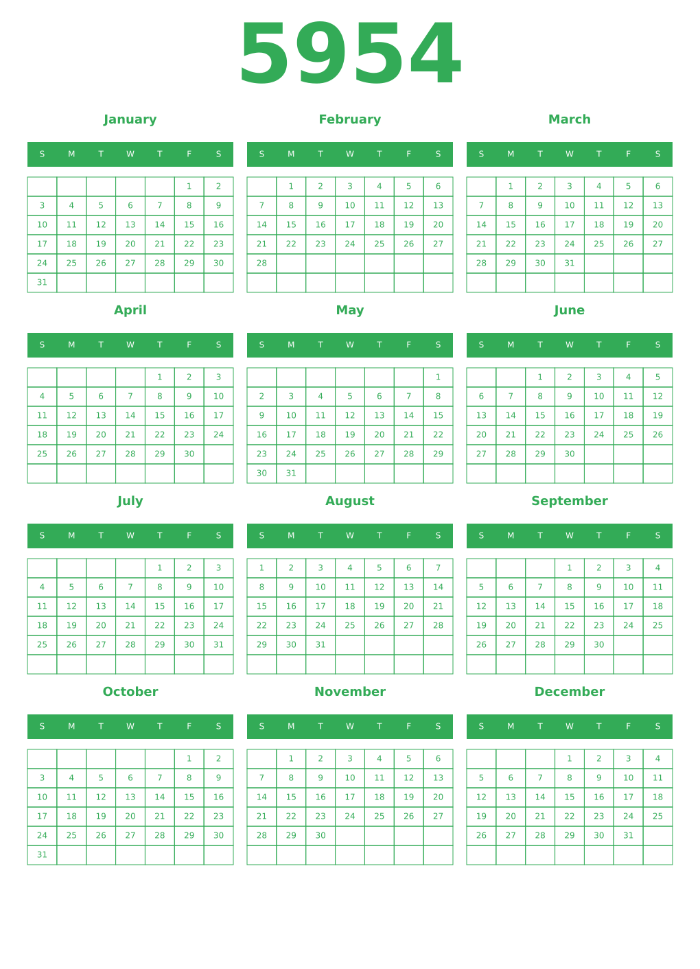 Printable 5954 Year Calendars green