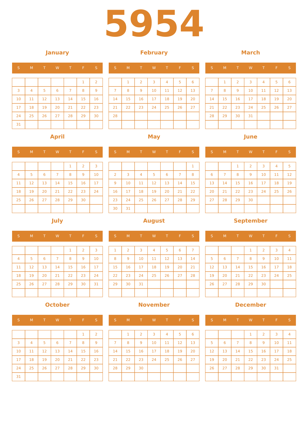 Printable 5954 Year Calendars orange