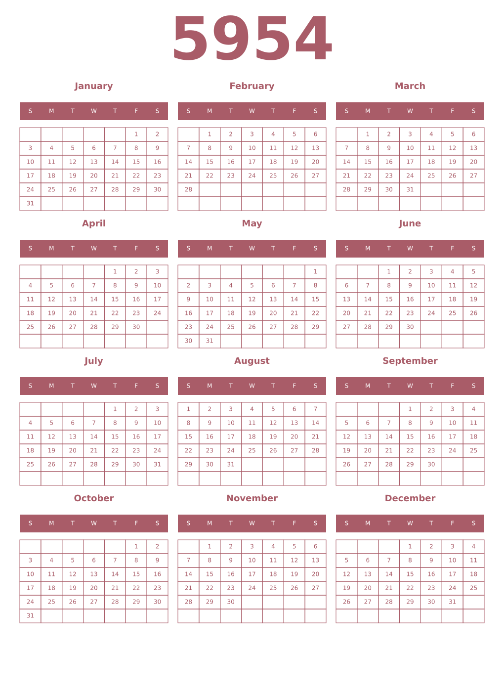 Printable 5954 Year Calendars puce