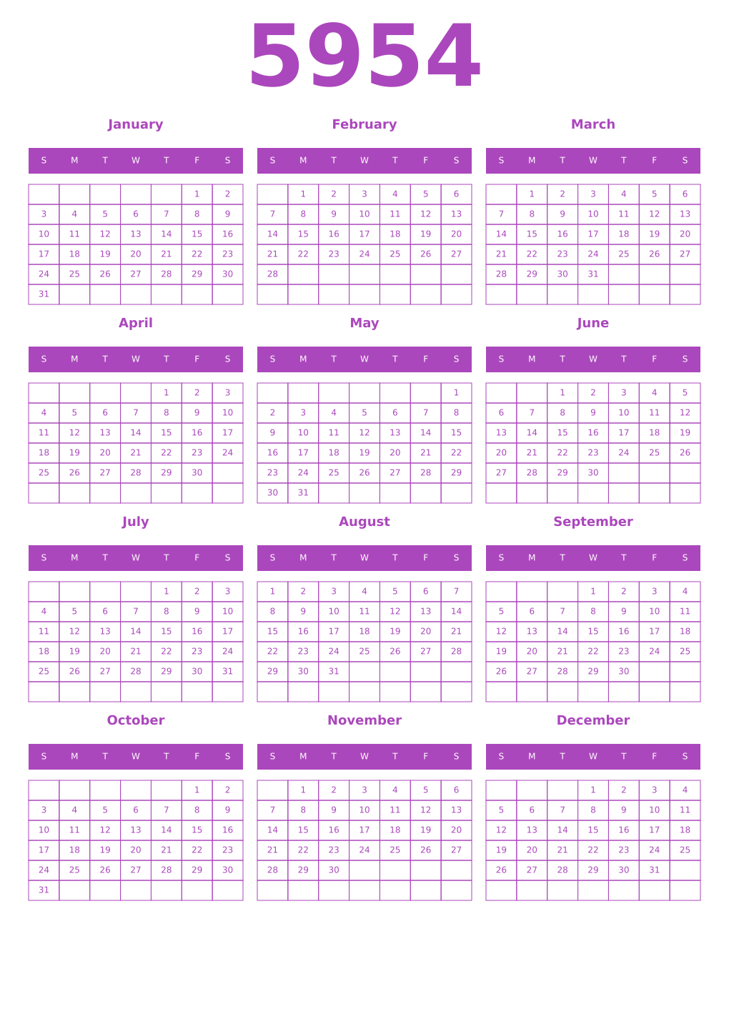 Printable 5954 Year Calendars purple