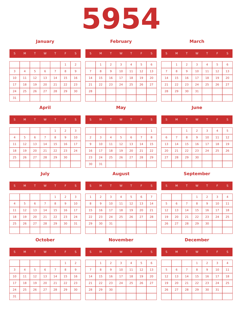 Printable 5954 Year Calendars red