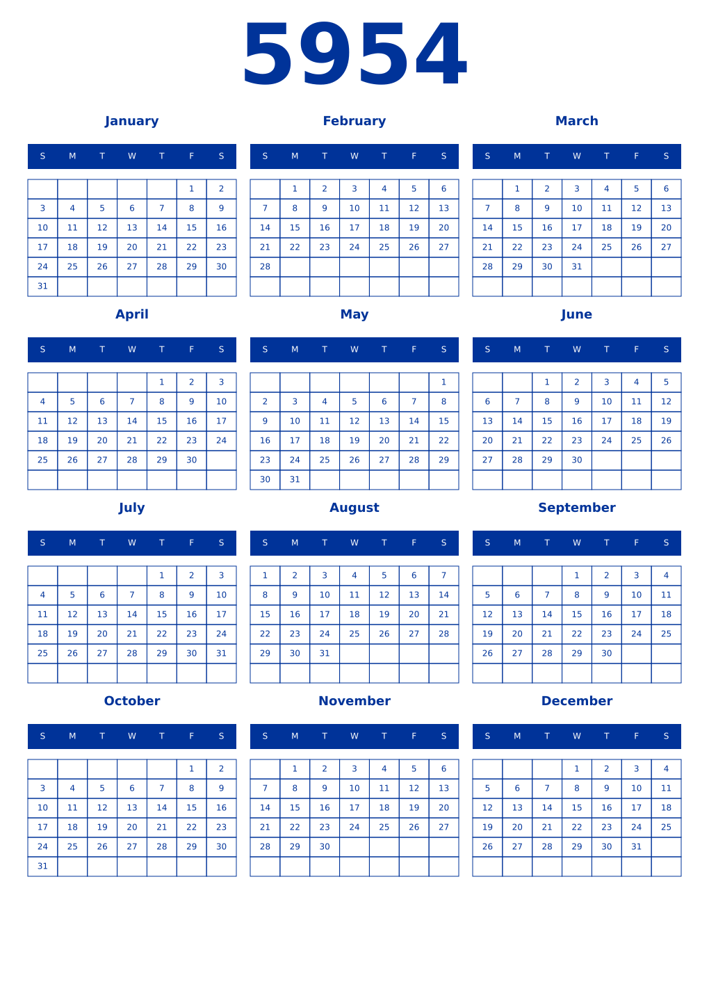 Printable 5954 Year Calendars smalt