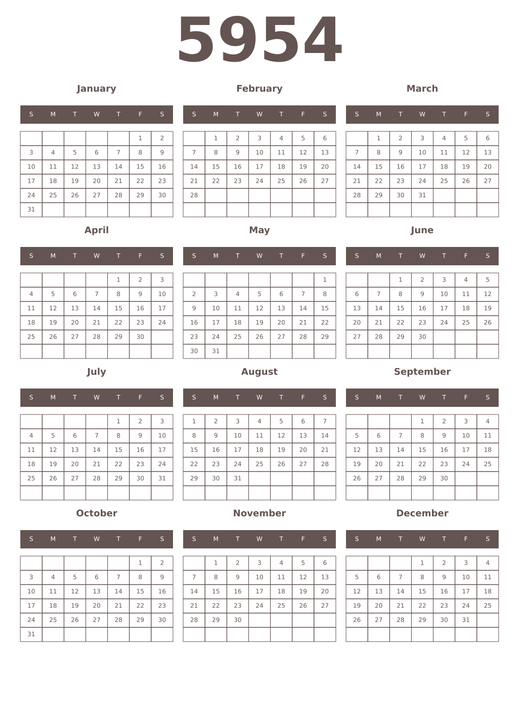 Printable 5954 Year Calendars wenge