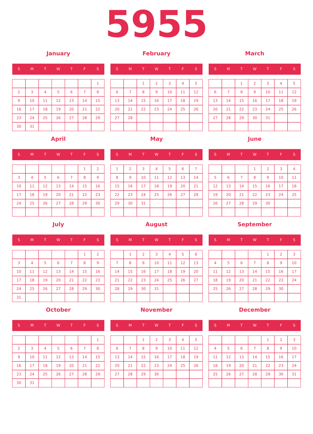 Printable 5955 Year Calendars amaranth