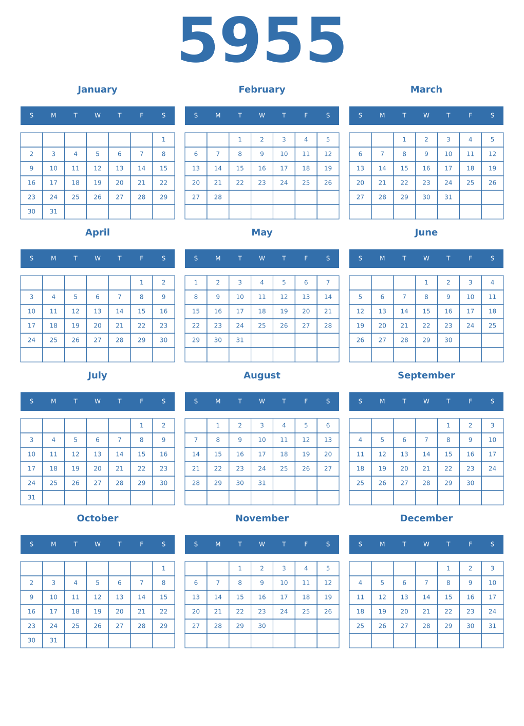 Printable 5955 Year Calendars blue