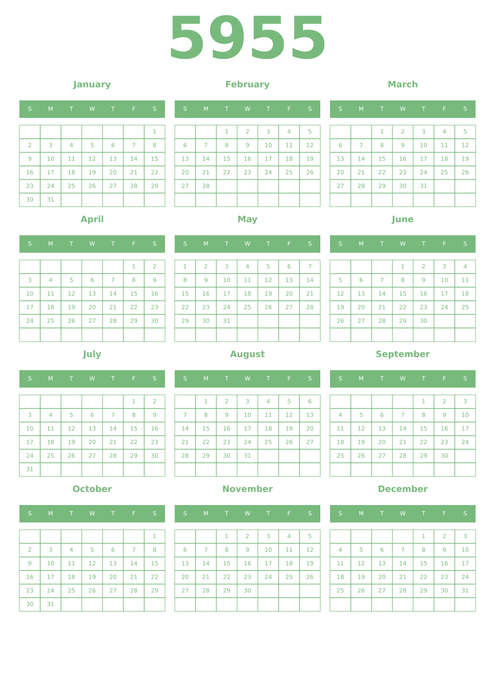 Printable 5955 Year Calendars celadon