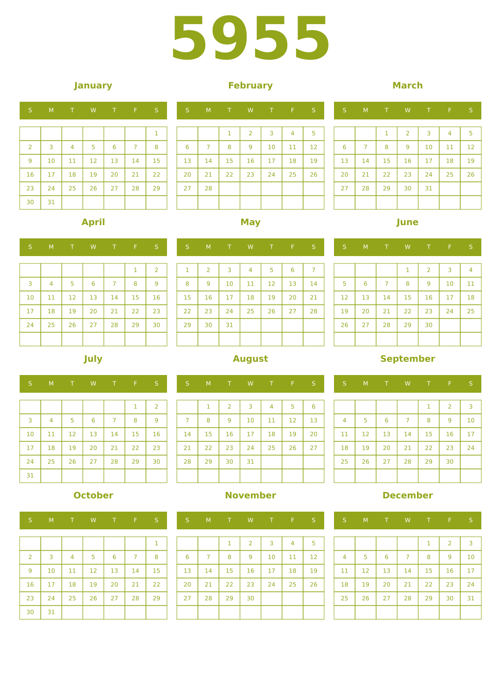 Printable 5955 Year Calendars chartreuse