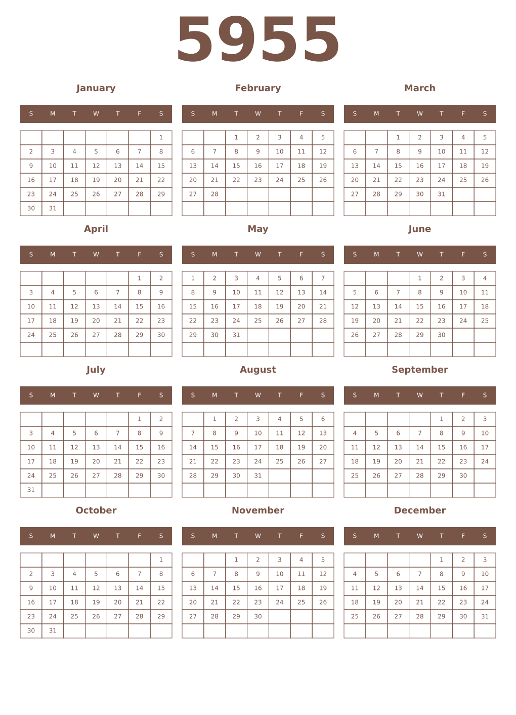 Printable 5955 Year Calendars coffe