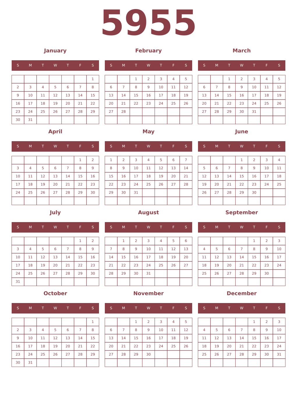 Printable 5955 Year Calendars cordovan