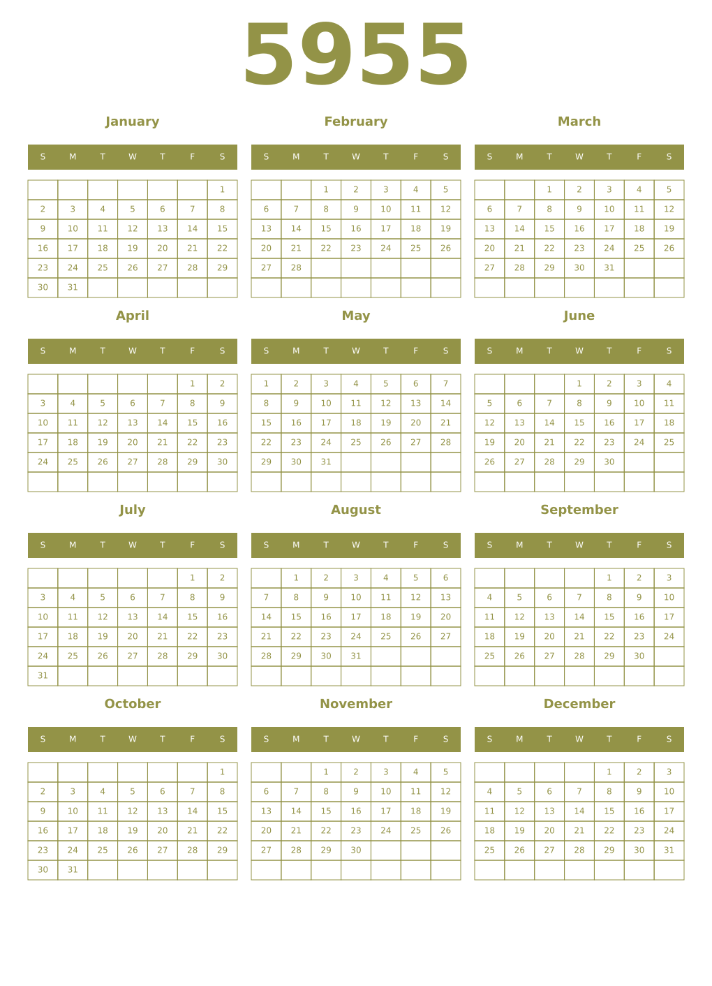 Printable 5955 Year Calendars eburnean