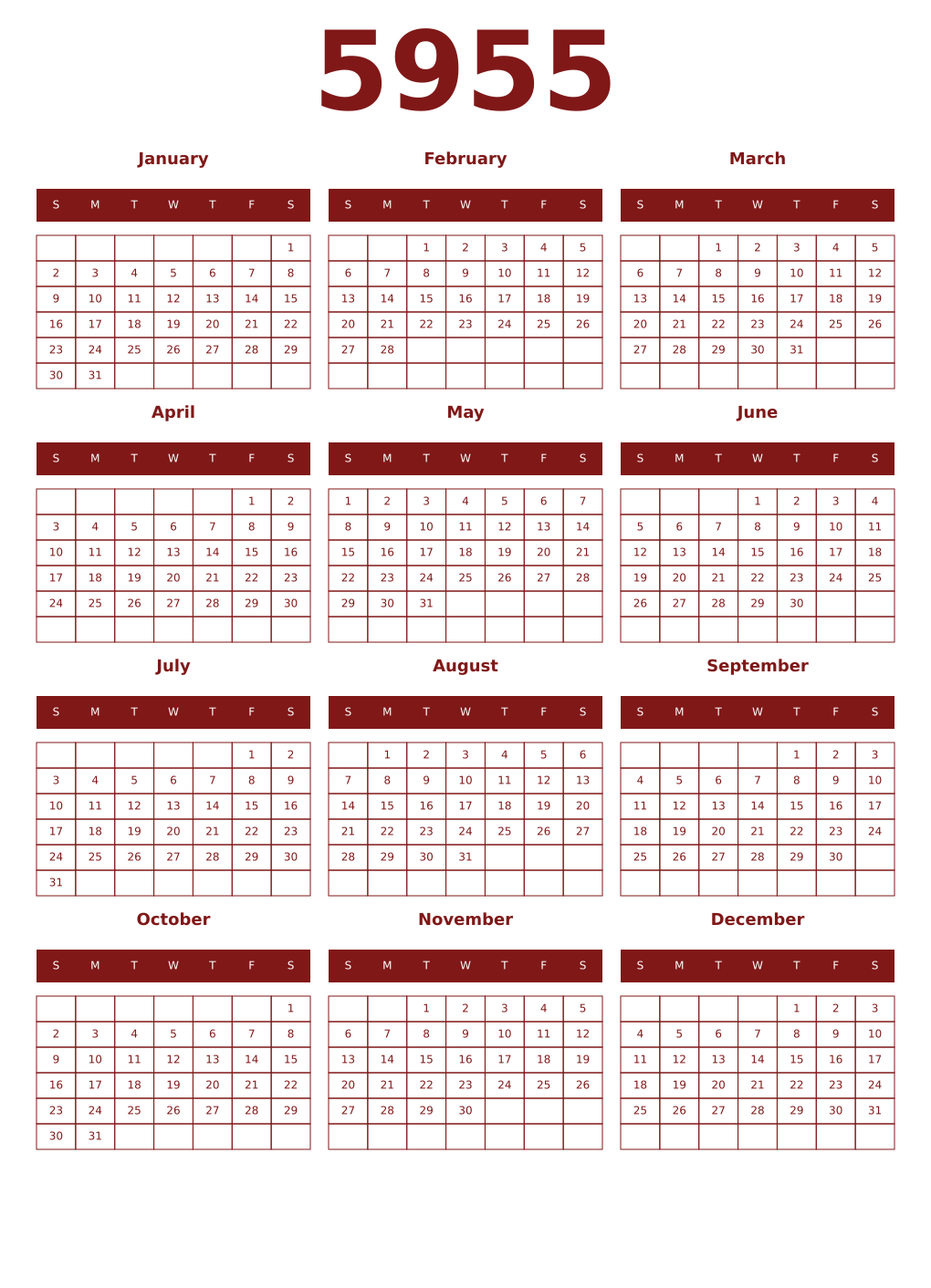 Printable 5955 Year Calendars falu