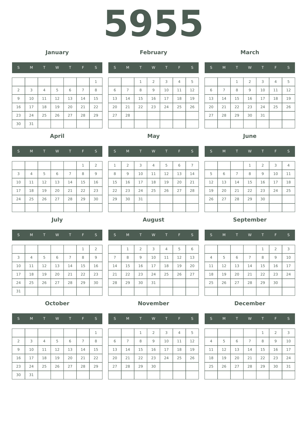 Printable 5955 Year Calendars feldgrau