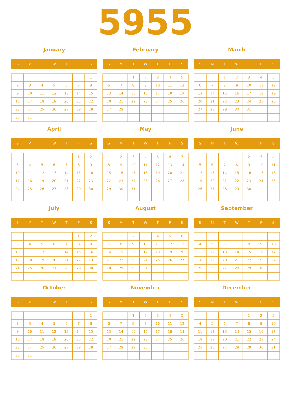 Printable 5955 Year Calendars gamboge