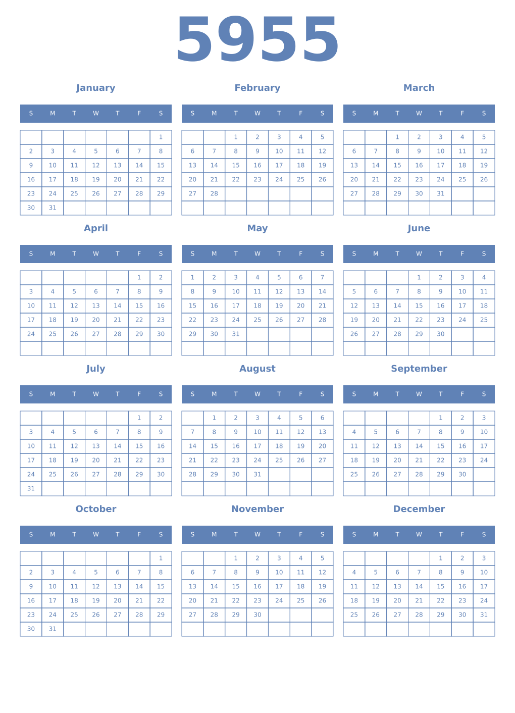 Printable 5955 Year Calendars glaucous