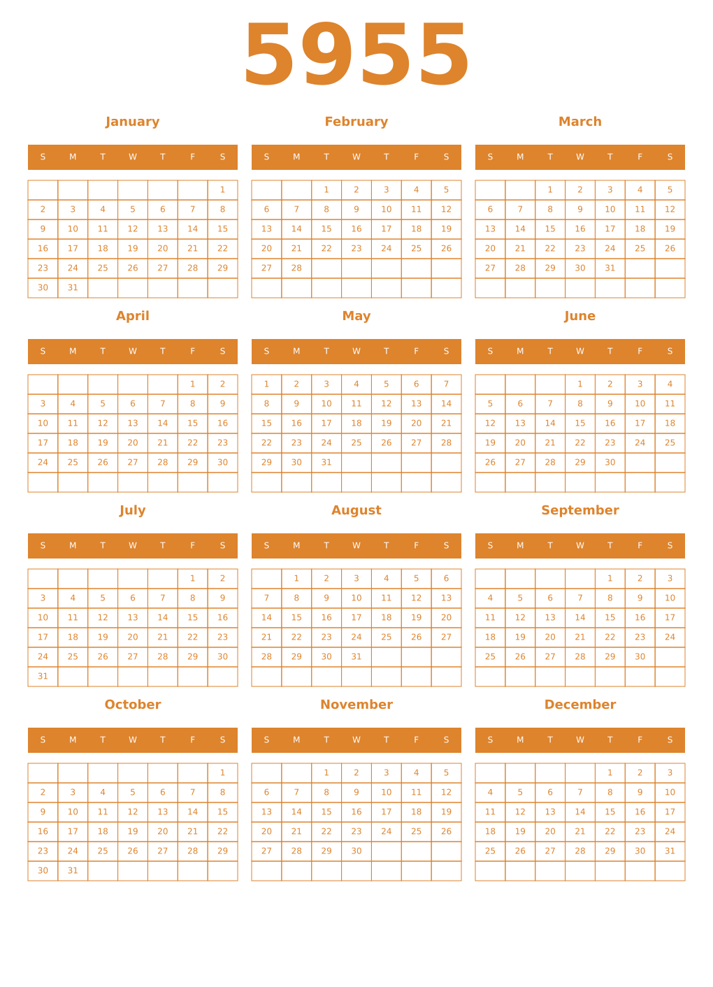 Printable 5955 Year Calendars orange