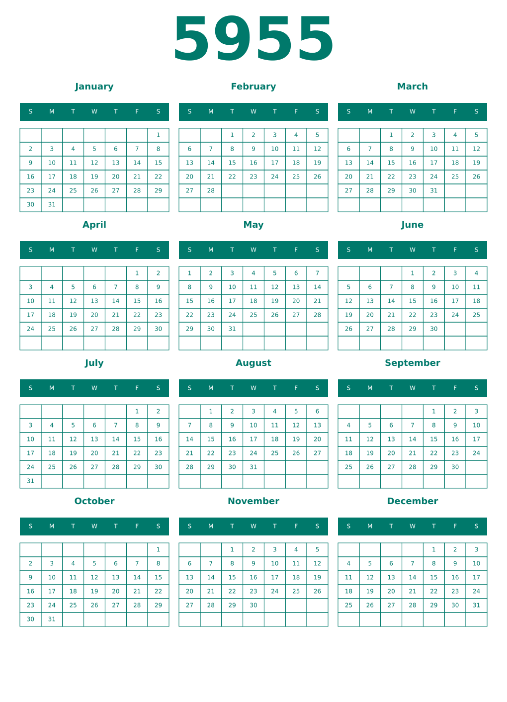 Printable 5955 Year Calendars pastel