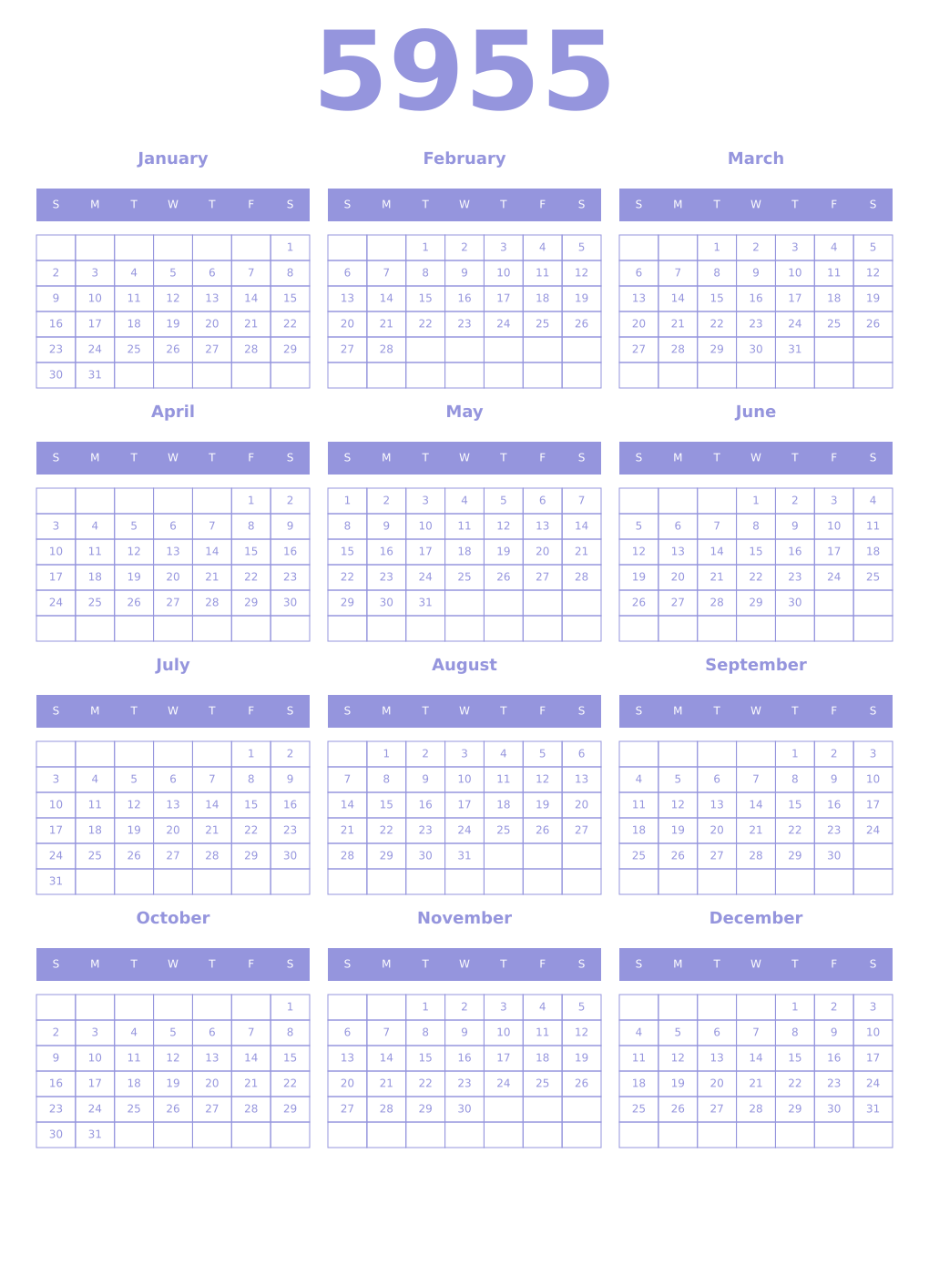 Printable 5955 Year Calendars periwinkle