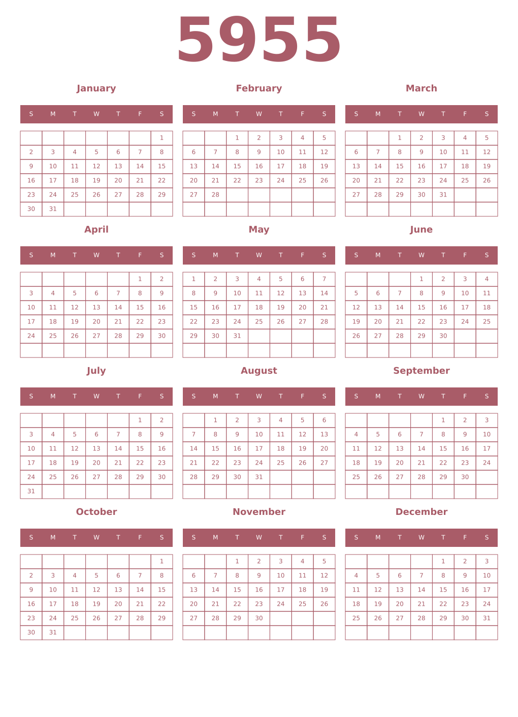 Printable 5955 Year Calendars puce