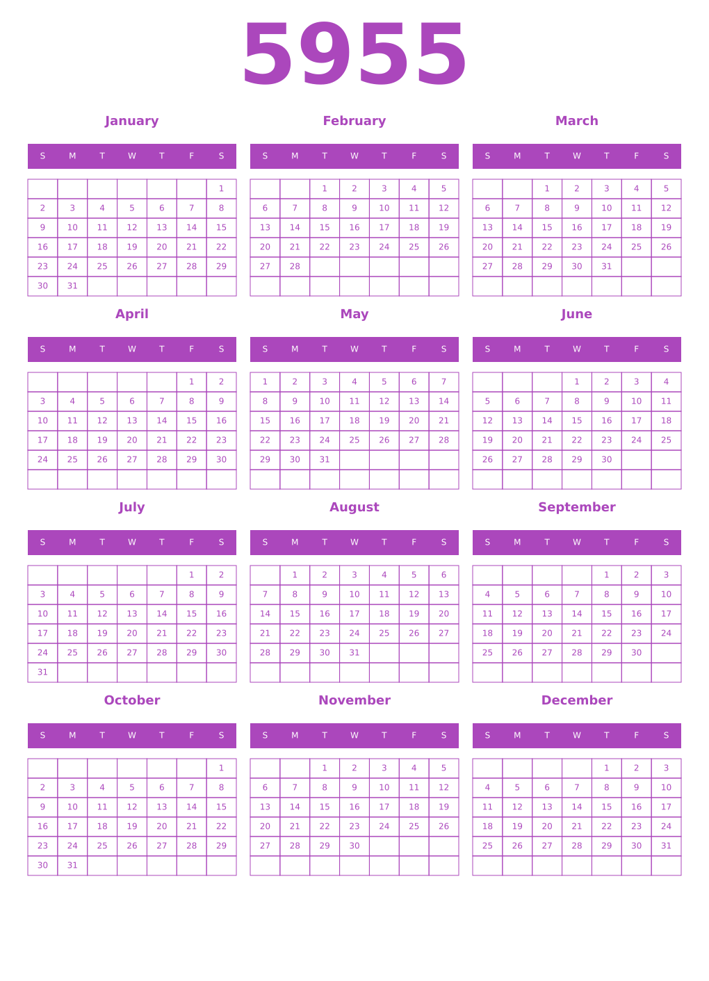 Printable 5955 Year Calendars purple