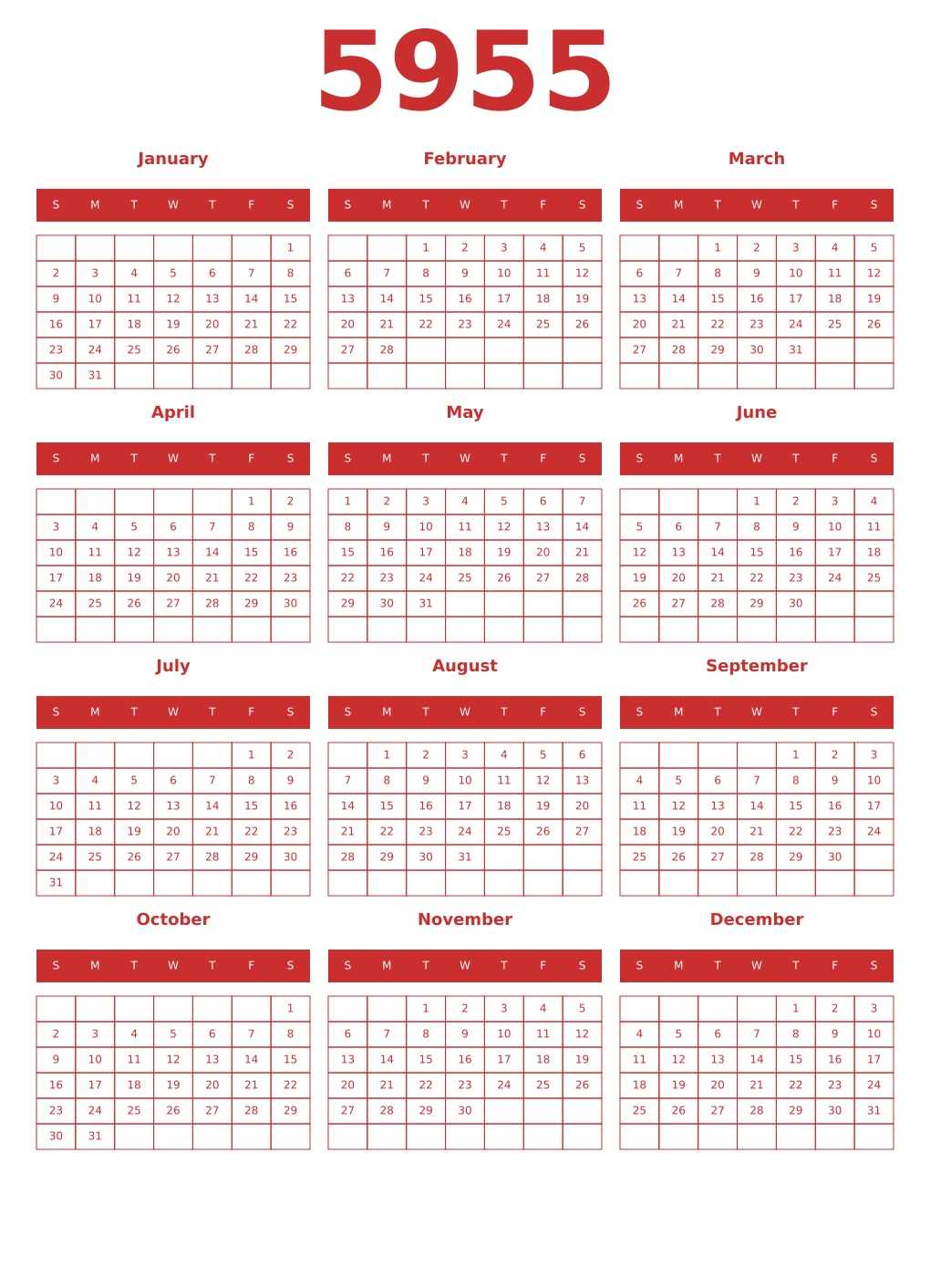 Printable 5955 Year Calendars red