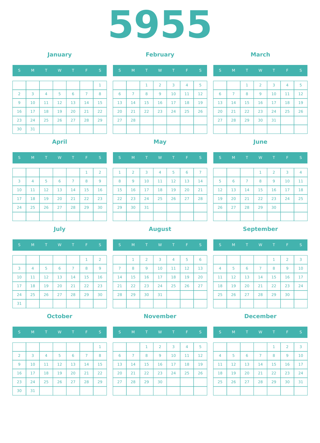Printable 5955 Year Calendars verdigris