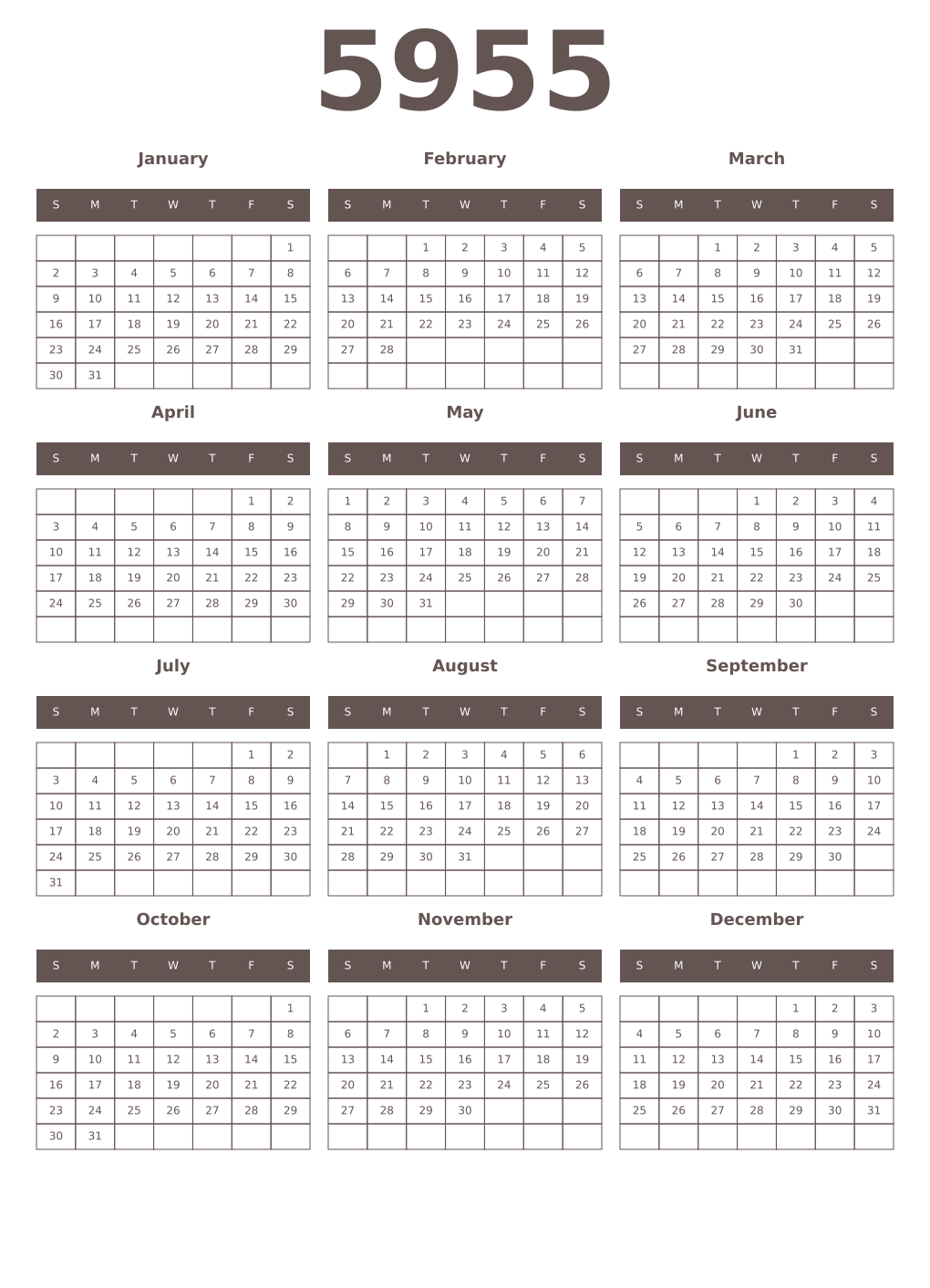 Printable 5955 Year Calendars wenge
