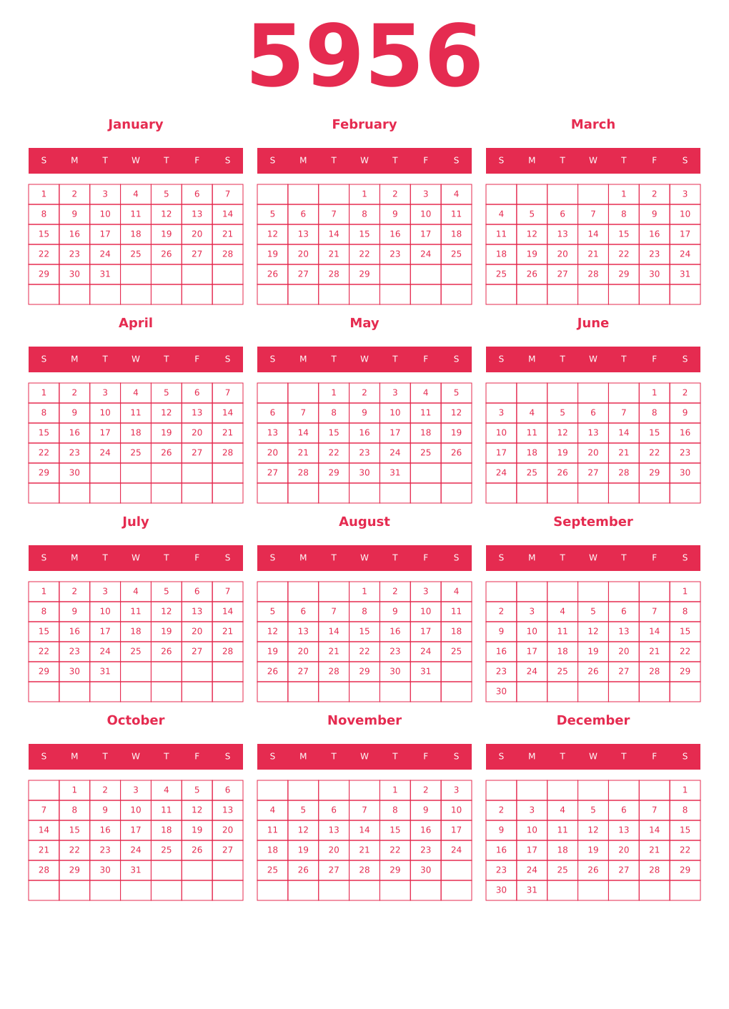 Printable 5956 Year Calendars amaranth
