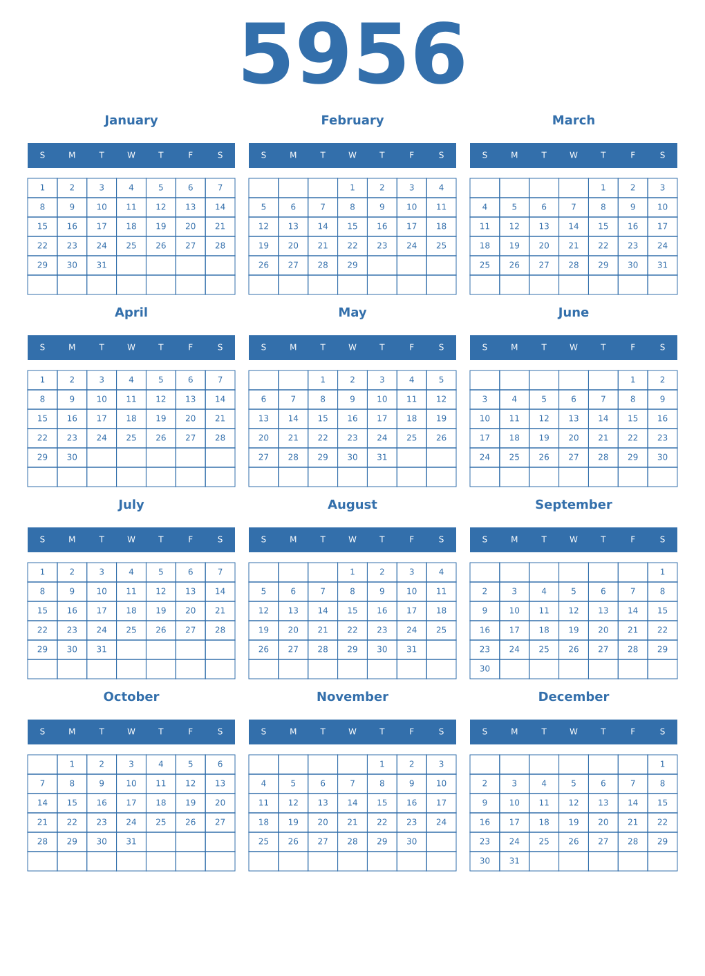Printable 5956 Year Calendars blue