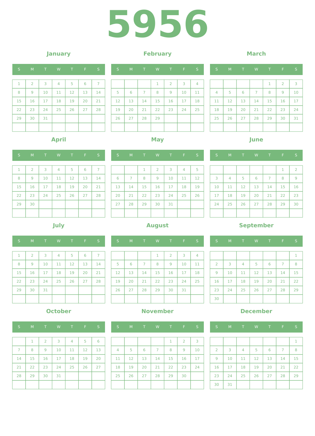 Printable 5956 Year Calendars celadon