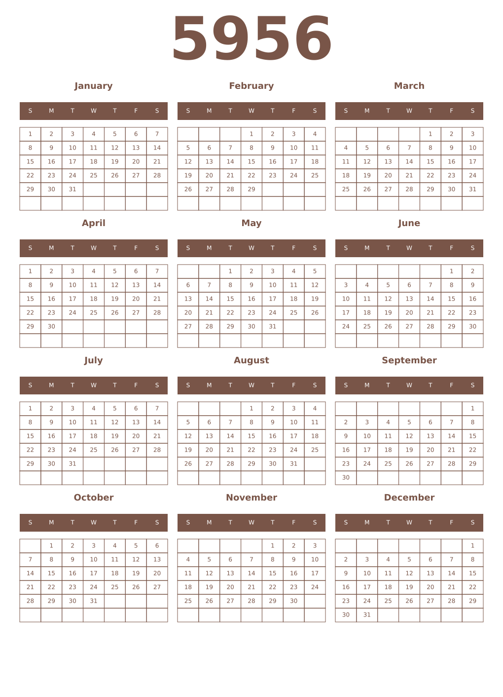 Printable 5956 Year Calendars coffe