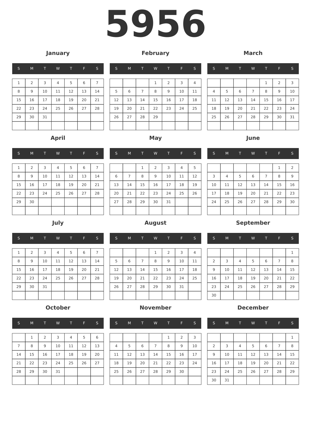 Printable 5956 Year Calendars dark