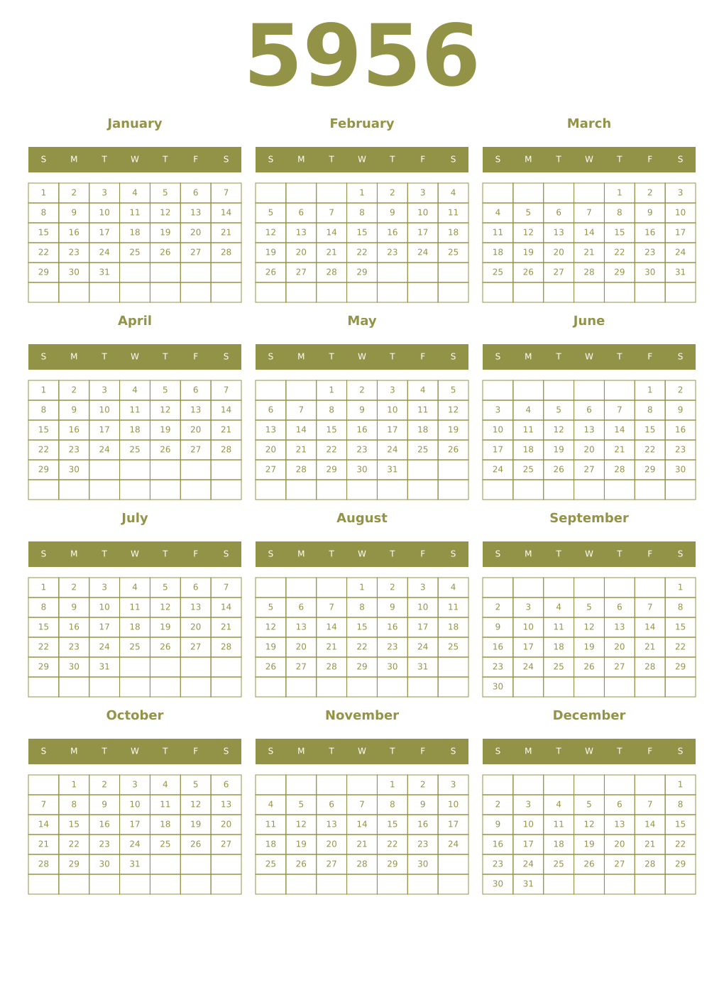 Printable 5956 Year Calendars eburnean
