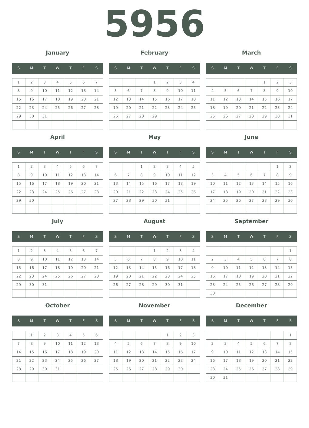 Printable 5956 Year Calendars feldgrau