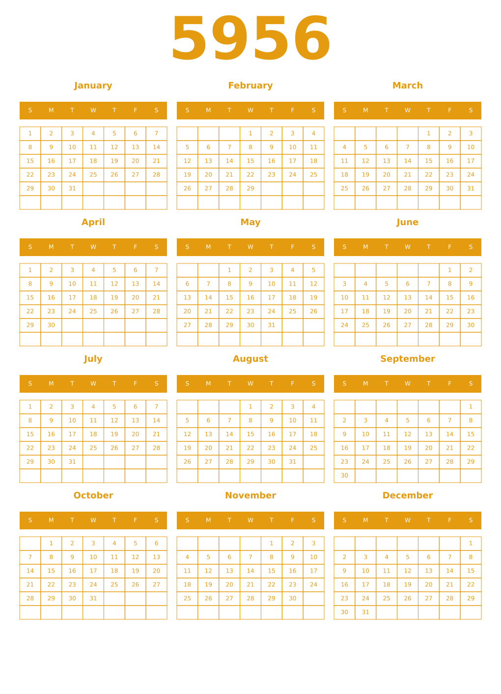 Printable 5956 Year Calendars gamboge