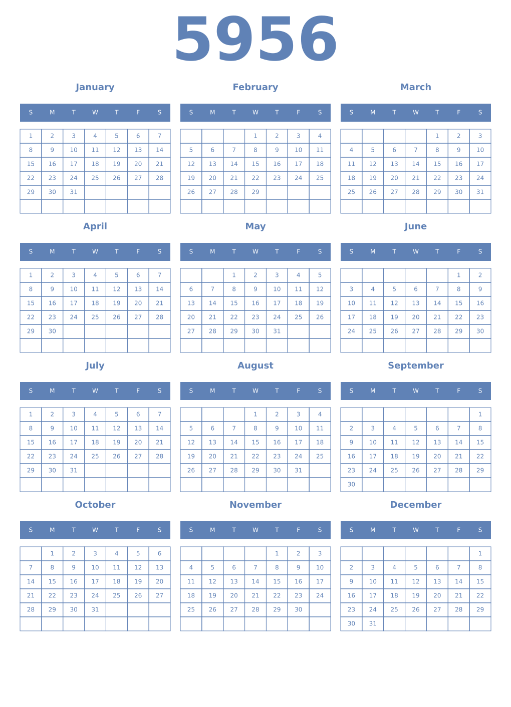 Printable 5956 Year Calendars glaucous