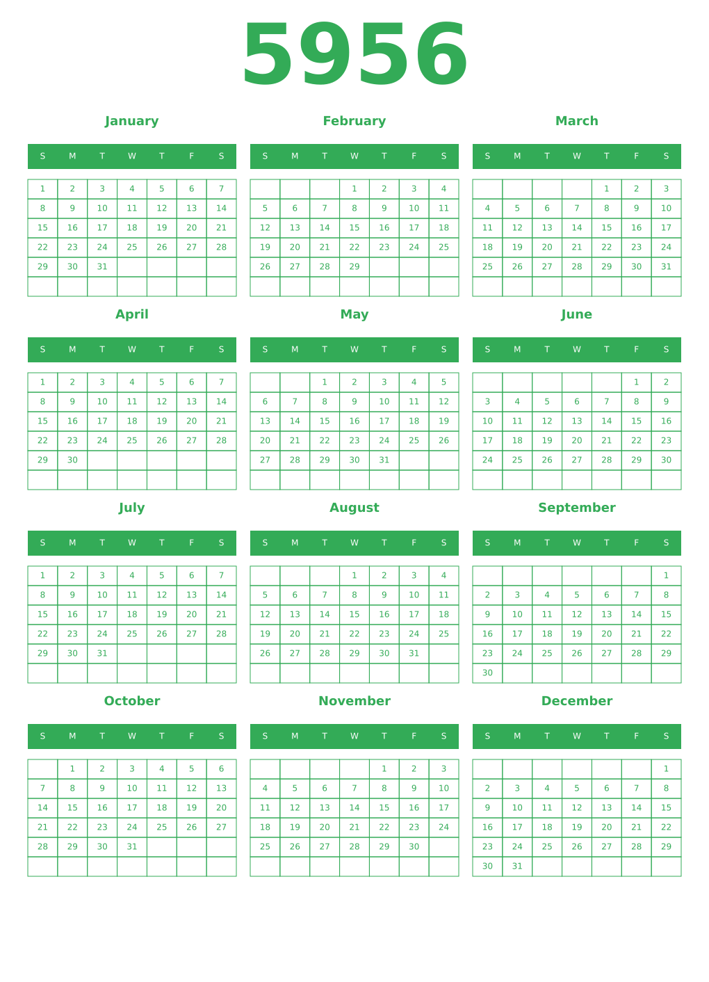 Printable 5956 Year Calendars green