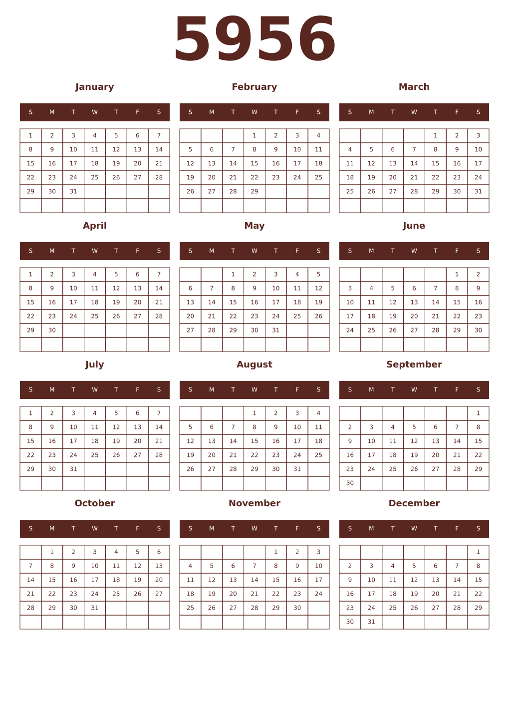 Printable 5956 Year Calendars mortuum