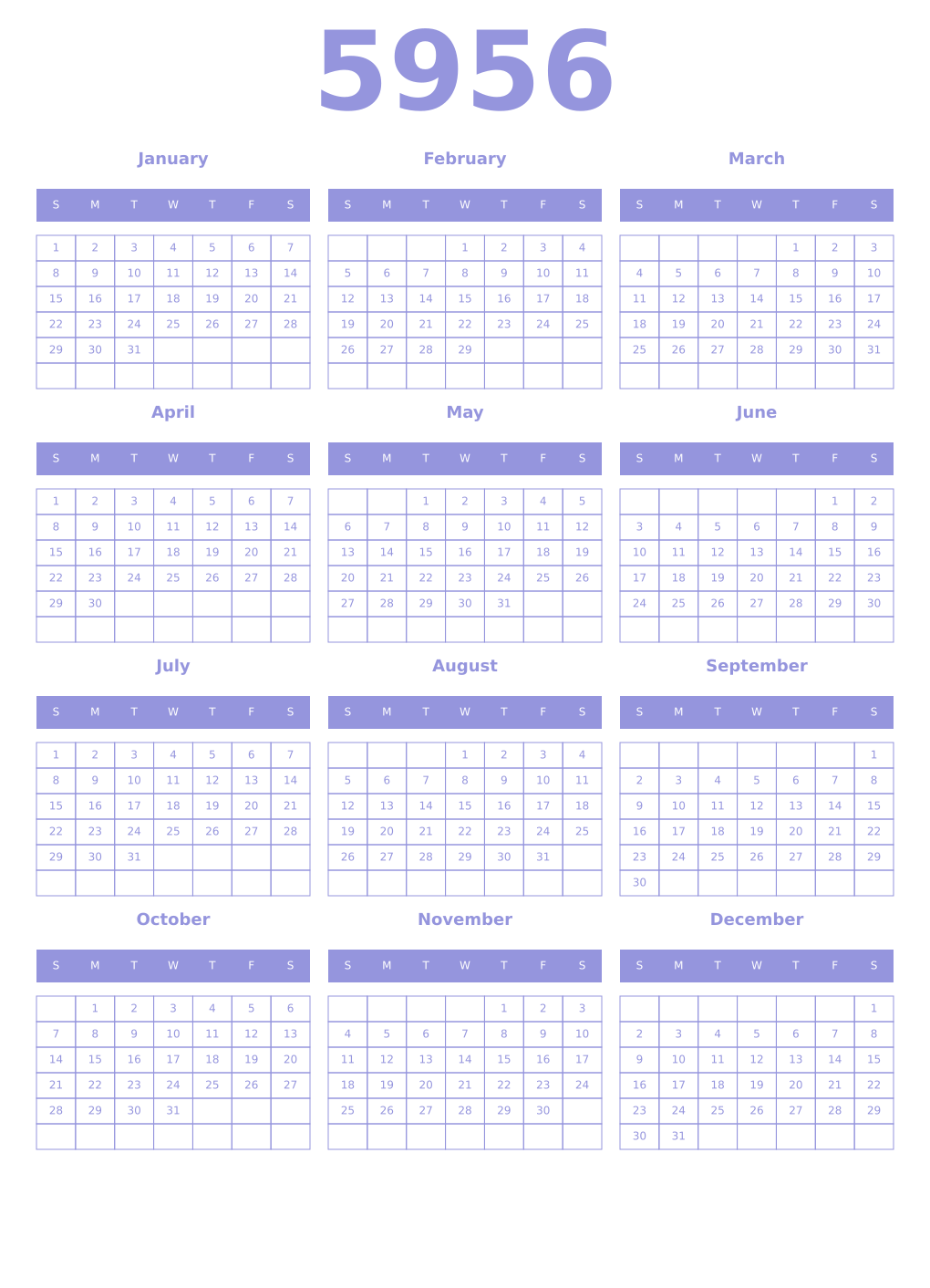 Printable 5956 Year Calendars periwinkle