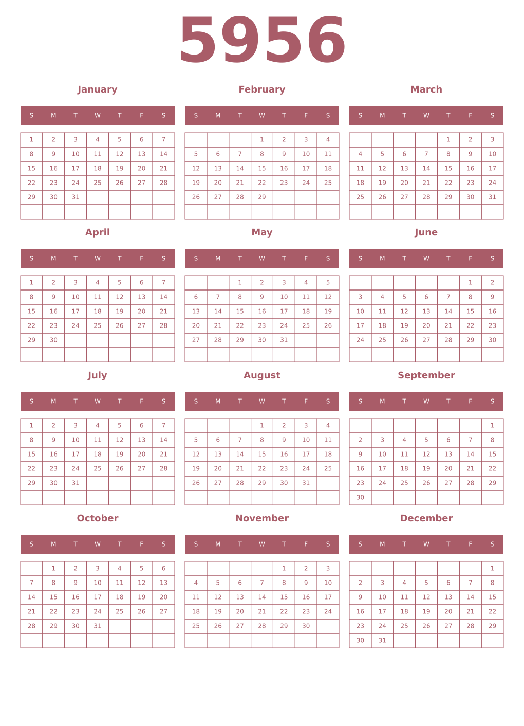 Printable 5956 Year Calendars puce