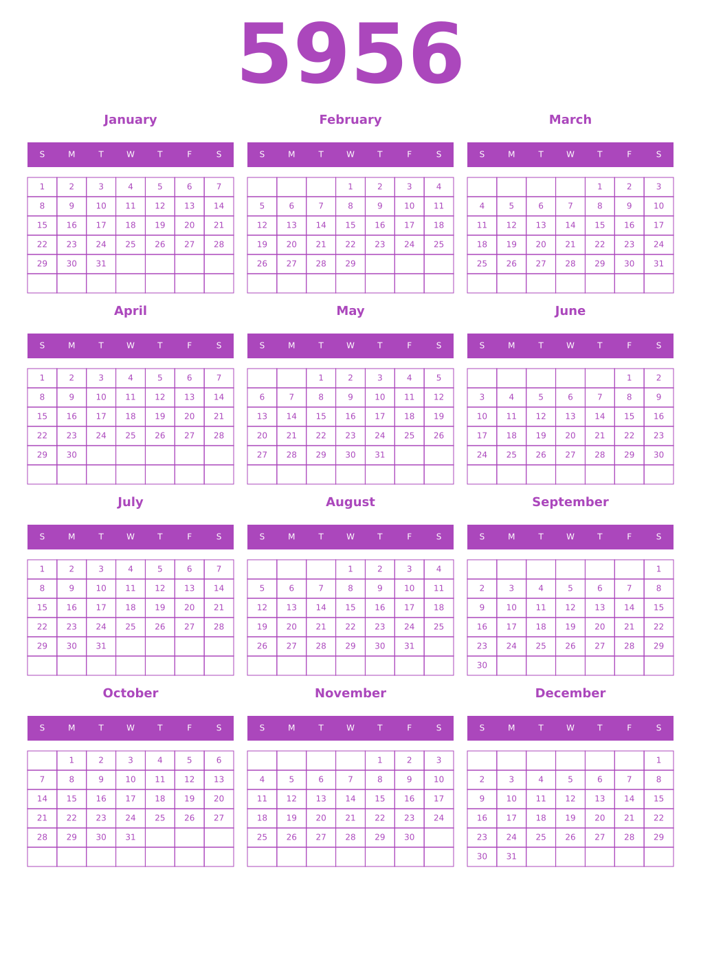Printable 5956 Year Calendars purple