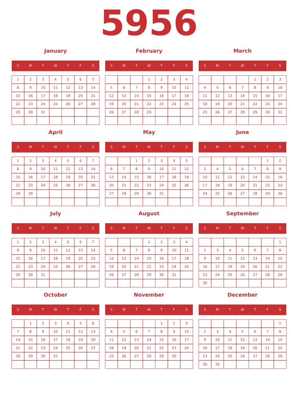 Printable 5956 Year Calendars red