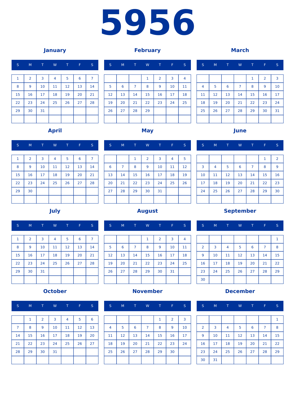 Printable 5956 Year Calendars smalt