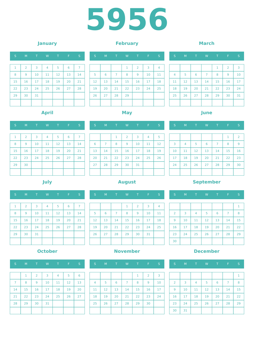 Printable 5956 Year Calendars verdigris