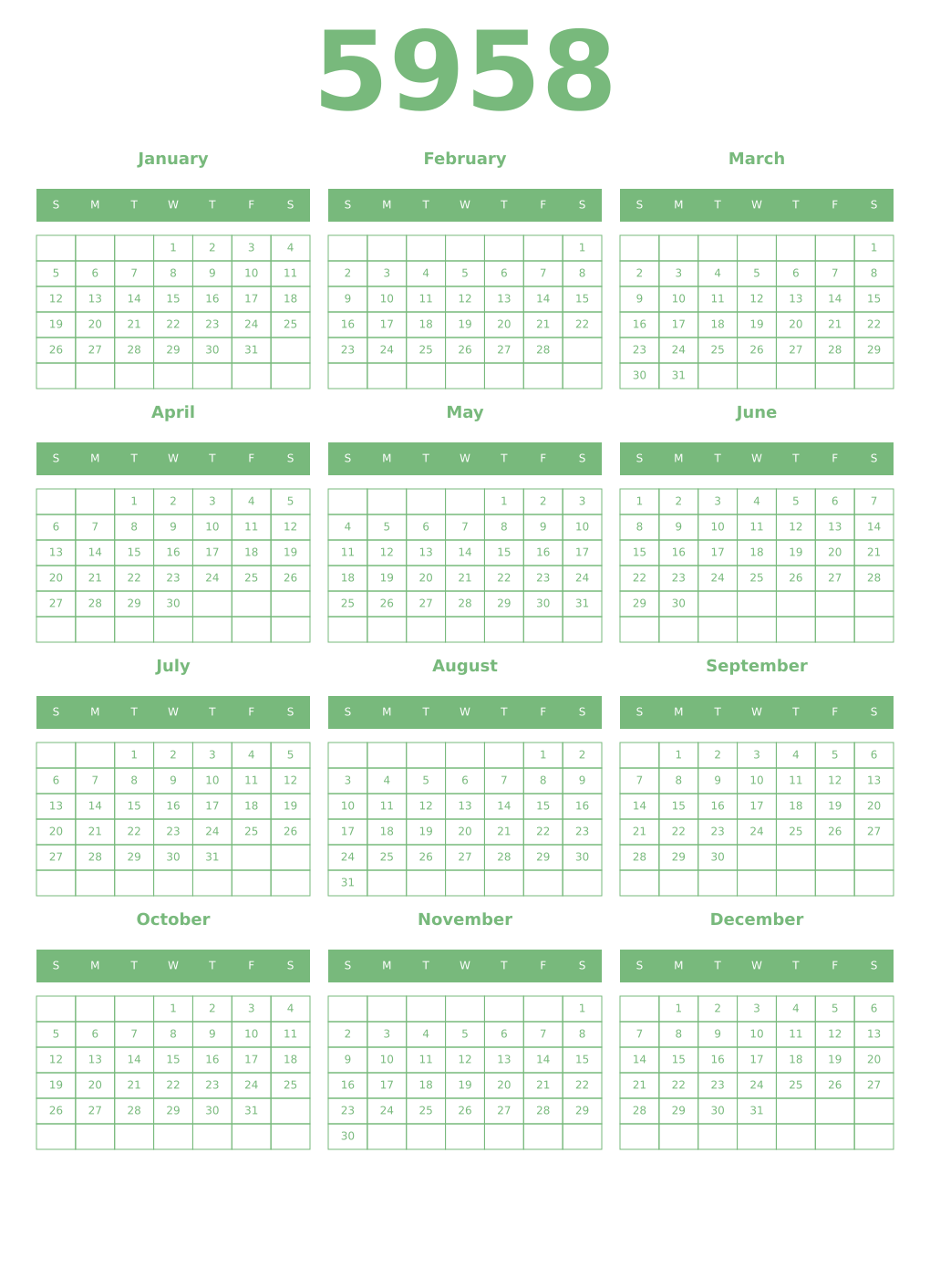 Printable 5958 Year Calendars celadon