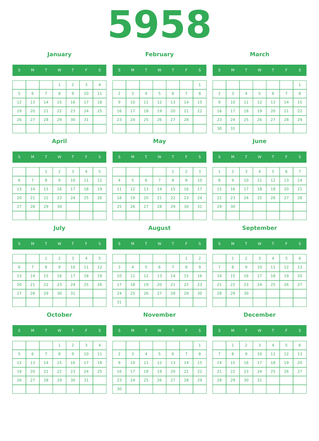 Printable 5958 Year Calendars green