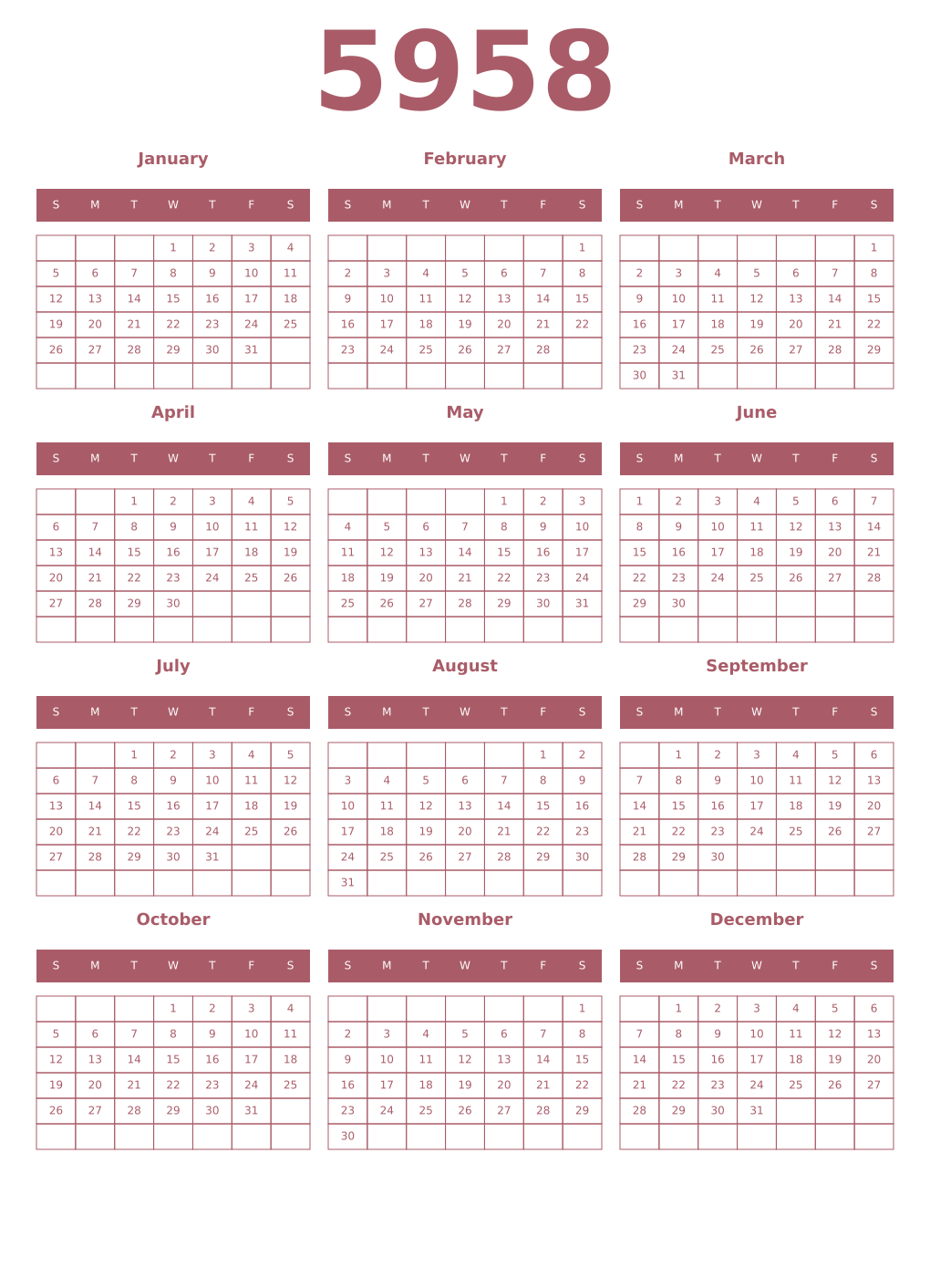 Printable 5958 Year Calendars puce
